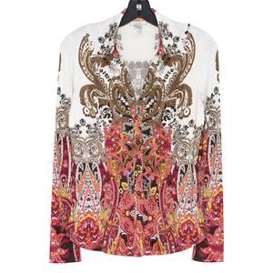 Cache Paisley Button Up Top Slinky Stretch Long Sleeve Small Artsy Eclectic Boho
